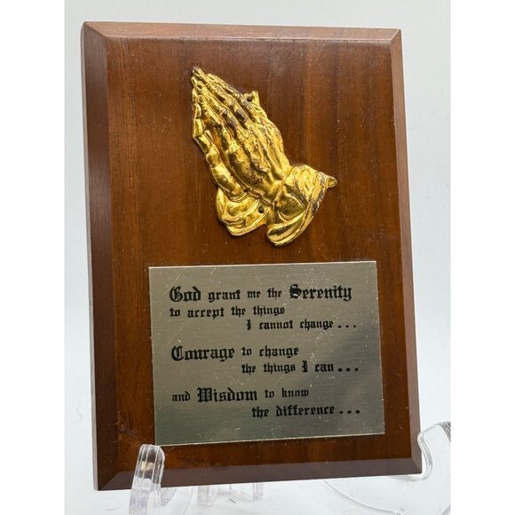 Serenity Prayer Wall Plaque With Gold Praying Hands On Wooden Base - Picture 1 of 7